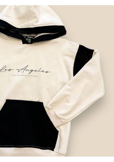 Erkek Çocuk Kapüşonlu Los Angeles Yazılı Pamuklu Sweatshirt-14694 Bej