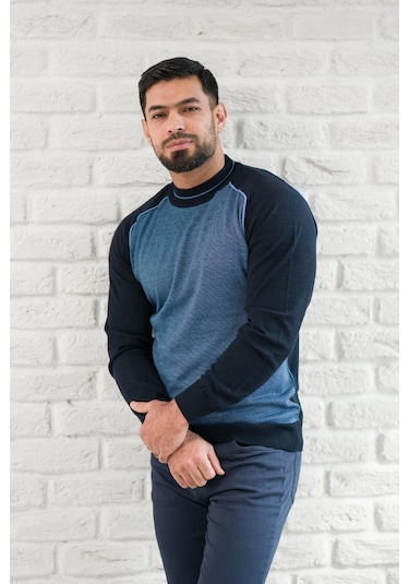 San&fa Yarım Balıkçı Desenli Slimfit Yünlü Triko Kazak Lacivert