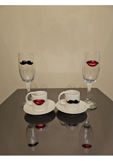 Dudak Bıyık Kahve Fincanı Ve Su Kadehi Seti