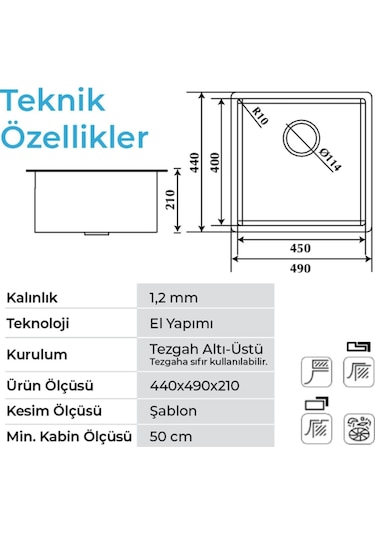 Crauf Stella 4449 Pvd Füme Siyah 40x45 El Yapımı Paslanmaz Çelik Mutfak Eviyesi Füme