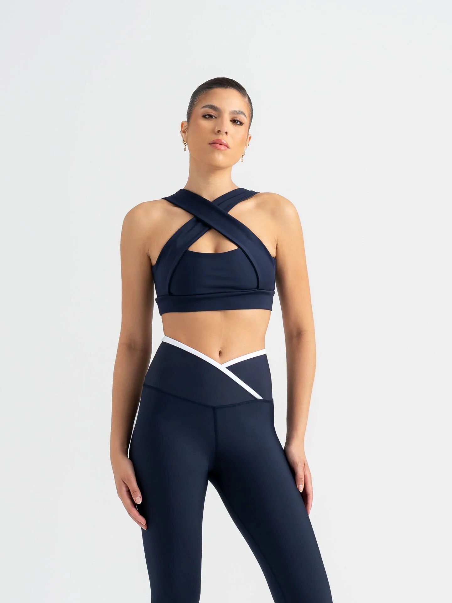 Çapraz Beli Beyaz Biye Detaylı Spor Tayt Lacivert