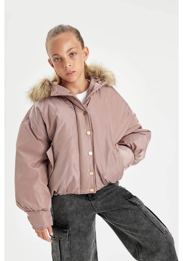 DeFacto Kız Çocuk Çıkarılabilir Kapüşonlu Mont Fermuarlı Çıtçıt Kapamalı Cepli C5488A824WNBR320 Bordo