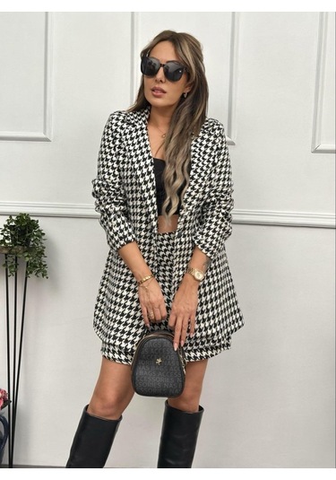 Soonaksesuar Kadın Kazayağı Desen Vatka Detay Kaban Ve Yüksek Bel Etek Ikili Takım Beyaz