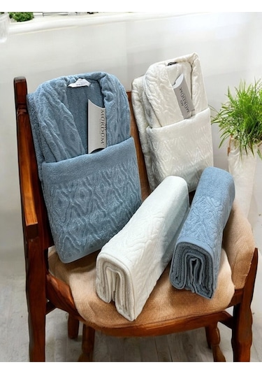 Banyo Çeyiz Seti, %100 Pamuk Bornoz Takımı, 8 Parça Aile Bornoz Seti, Havlu & Havlu Seti Mavi-krem Mavi