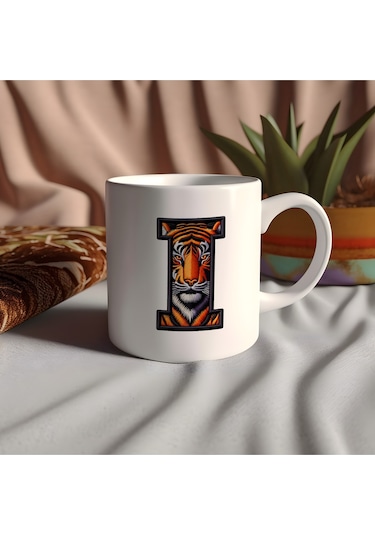 I Harfi Kaplan Figürlü Nakış Desenli Kupa Bardak - Kişiye Özel Vahşi Hayvan Desenli Kupa - Hediye Beyaz