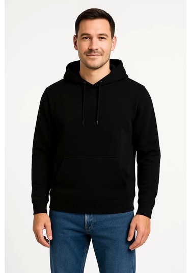 Erkek Üç İplik Kapüşonlu Kanguru Cepli Sweatshirt Hoodie - Siyah Siyah