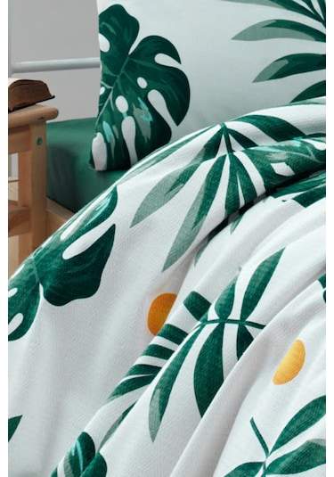 Tek Kişilik Doğal Pike Baskılı Monstera Yeşil Yeşil
