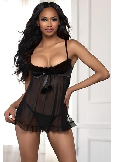 New Dreams Modern Şık Rahat Tüllü Siyah Tasarım Jartiyer Gecelik Set Siyah