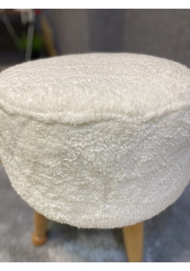 Asedia Miskin Naturel Teddy Krem Ahşap Ayaklı Peluş Puf Makyaj Koltuğu Yuvarlak Tabure