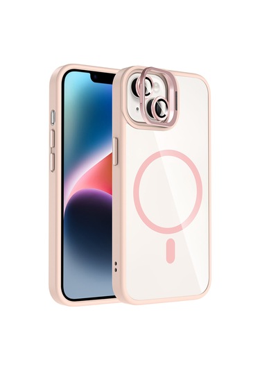iPhone Uyumlu 14 Kılıf Standlı + Kamera Lens Koruma Setli M-safe Şarj Özellikli Mkst Etro Kapak Pembe Pembe
