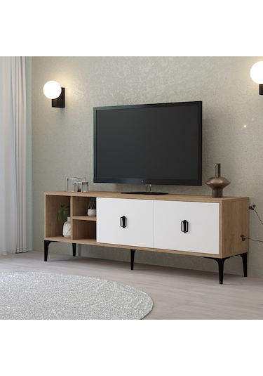 3504 Era Tv Ünitesi 150 Cm Kapaklı Raflı Sepet - Beyaz Tv Sehpası Beyaz - Sepet