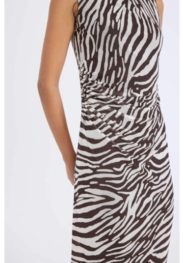 DeFacto Bodycon Vücudu Saran Yarım Balıkçı Yaka Zebra Desenli Tül Kolsuz Midi Elbise E2903AX25SPBN527