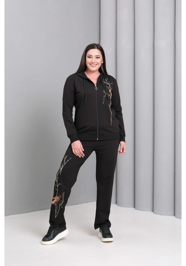 Kapüşonlu Fermuarlı Boncuk Nakışlı Takım Siyah