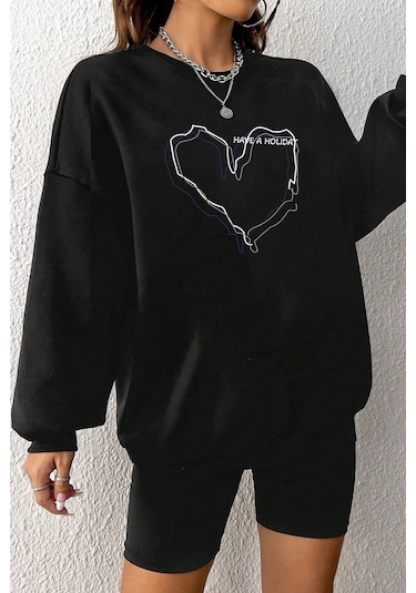 Unisex Holiday Baskılı Bisiklet Yaka Sweatshirt Siyah
