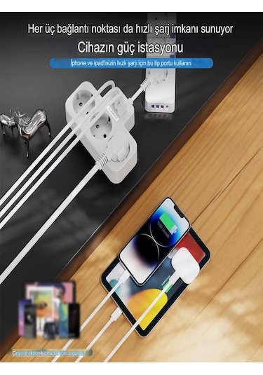 3680w 3.4a 2xusb 1xtype-c Alman Akım Korumalı Saf Bakır 3 Lü Priz