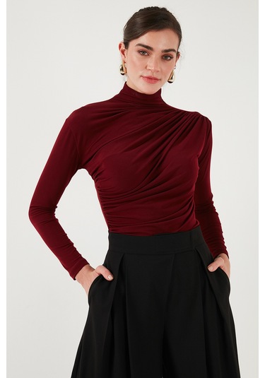Lela Streç Büzgü Detaylı Slim Fit Dik Yaka Bayan Bluz 669925 Bordo
