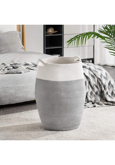 Themis Çamaşır Sepeti, Kirli Elbise Sepeti, Hasır Pamuk Halat Uzun Çamaşır Sepeti, Ev Dekoru Gribeyaz