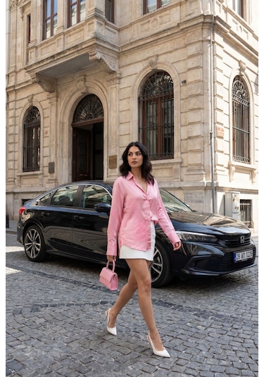 Madmext Pembe Gizli Düğmeli Şık Kadın Saten Gömlek Mg2675 Pembe