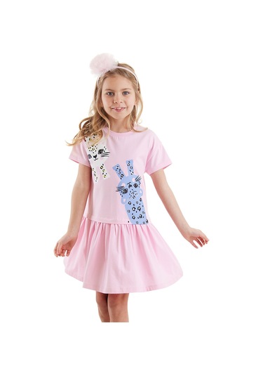 Denokids Muzip Kediler Kız Çocuk Elbise Pembe