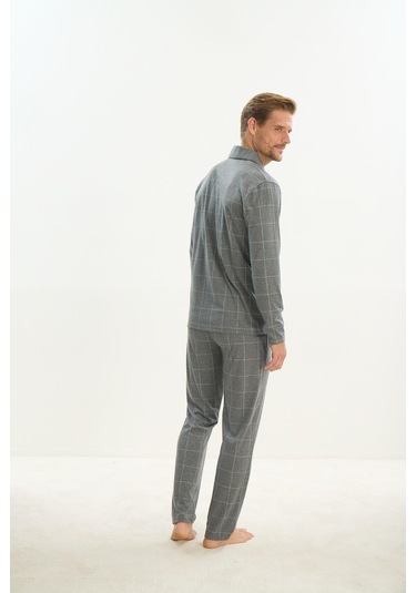Erkek Uzun Kol Gömlek Yaka Önden Düğmeli Gri Pijama Takım C3t2n5o9 001