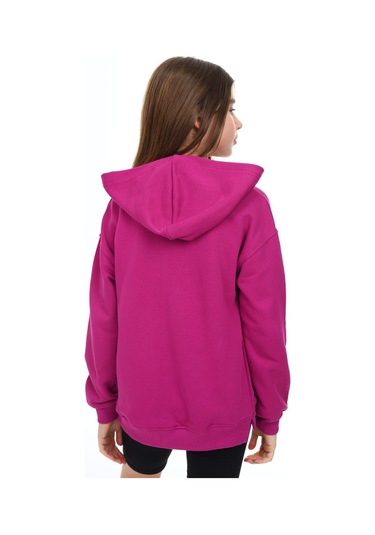 Toontoy Kız Çocuk Kapüşonlu Fermuarlı Düşük Omuz Nakış Baskılı Yırtmaç Detaylı Örme Hırka - 3 İplik Şardonsuz Mürdüm