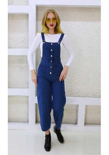 Önden Düğmeli Enzim Kumaş Salopet & Tulum Lacivert
