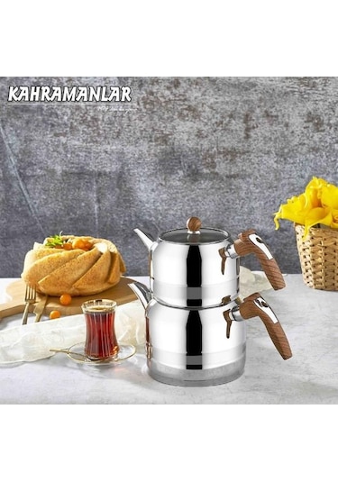 Kahramanlar Çelik Yağmur Orta Boy Çelik Çaydanlık Ahşap Çelik