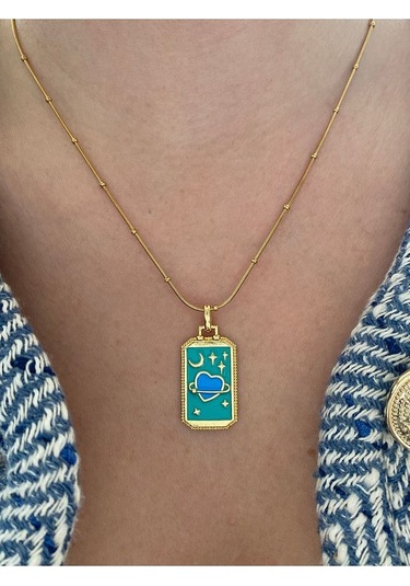 Vıp Seri - Mavi Kalp Kararmaz Çelik Kadın Gold Kolye Modern Ve Altın