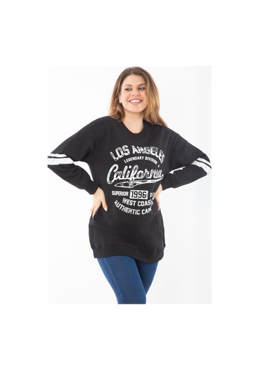 Kadın Büyük Beden Siyah İçi Şardonlu Üç İplik Sweatshirt 65n37295-siyah Siyah