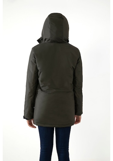 Kadın Haki Içi Polarlı Su Ve Rüzgar Geçirmez Kapüşonlu Kışlık Mont Kaban Parka Haki
