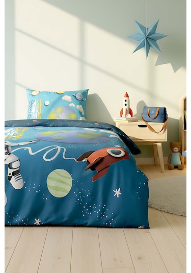 Little Astronot %100 Pamuklu Junior Tek Kişilik Nevresim Takımı Çok Renkli