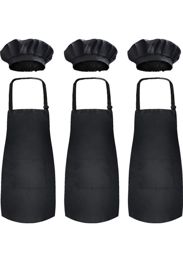 Şef Şapkalı Çocuk Önlüğü Seti 3 Set - Cilt Dostu Çocuk Bi Siyah, Diğer