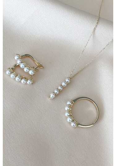 Beş Doğal İncili Küpe Kolye Yüzük Üçlü Set - 20 / Rose