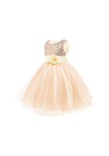 Kız Çocuk Pullu Payetli Abiye Elbise-Altın