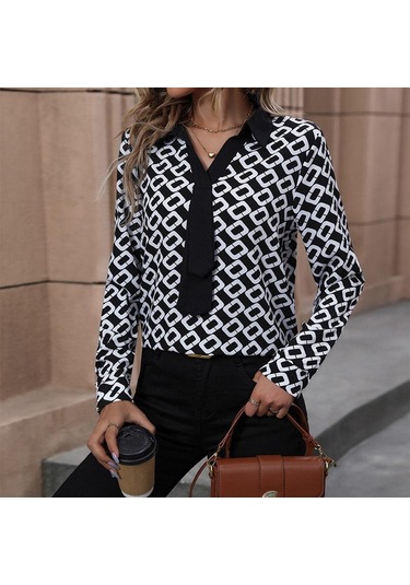 İlkbahar Ve Sonbahar Kadın Gömlek Bluz Mizaç Zarif Uzun Kollu Baskılı Kadın Gömleği Siyah