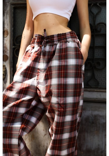 Rocqerx R-4446 Bel Lastikli Ekose Pantolon Kırmızı