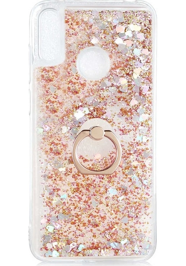 Noktaks - Huawei Uyumlu Huawei Y7 Prime 2019 / Y7 2019 - Kılıf Yüzüklü Simli Sıvılı Milce Kapak - Gold