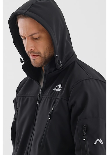 Çıkartılabilen Fermuarlı Kapüşon Cepli İçi Polarlı Su Geçirmez Softshell Erkek Mont Siyah Siyah