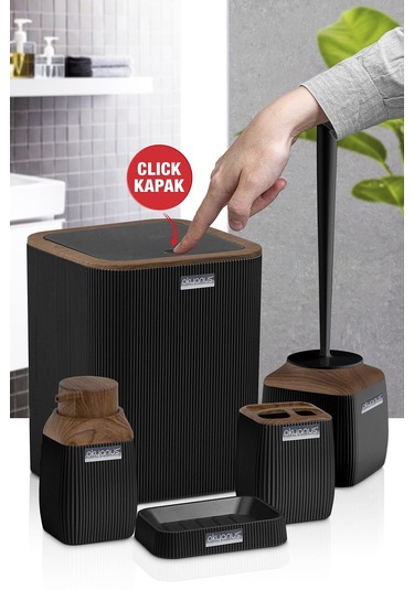 Okyanus Home Ahşap Desenli Çizgili 5'Li Banyo Seti - Siyah