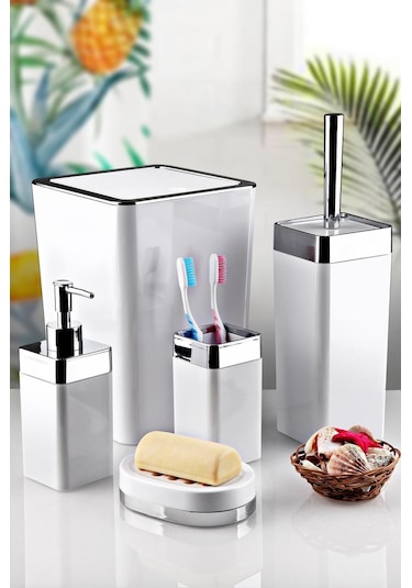 Akrilik Gümüş Çizgi Banyo Takımı 5'Li Kare Banyo Seti Beyaz