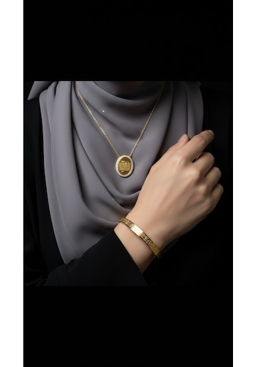 Taşlı Oval Kolye Ve Ayetel Kürsi Bileklik Seti Gold Çelik Takı Altın
