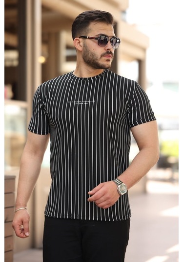 Erkek Dikey Çizgili Ottoman Kumaş Kısa Kollu T-shirt Siyah