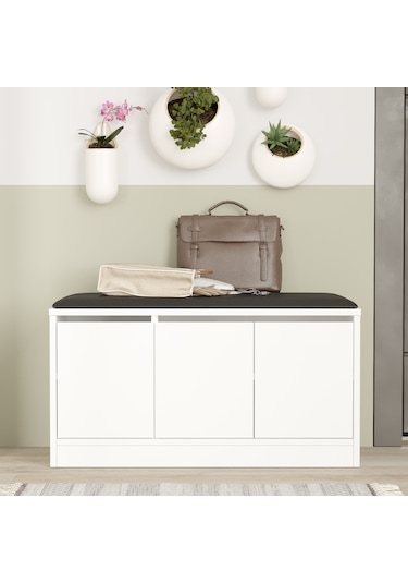 Comfort Puflu Minderli Oturaklı Ayakkabılık 3 Kapaklı Dolap Beyaz