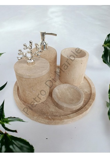 Sarı Traverten Klasik Model 5 Parça Gümüş Renk Mercan Aksesuarlı Banyo Seti Sarı Traverten