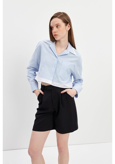 Stella Pulvis Mavi Garnili Tek Cep Crop Oxford Gömlek Mavi