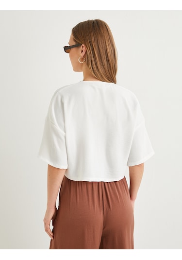 Koton Crop Gömlek Kısa Kollu Düğmeli V Yaka Kırık Beyaz 4sak60156pw Ekru