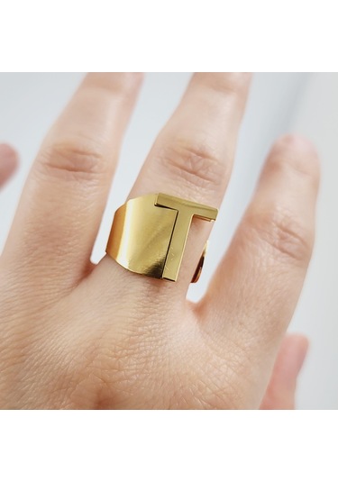 Çelik Gold Düz Kesim Harf Yüzük -t Harfi- Ayarlı Ölçü-1899 Altın