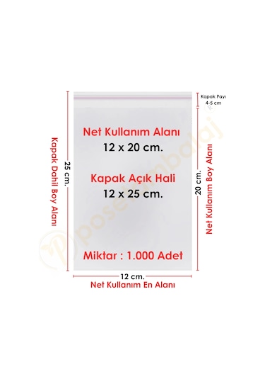 12x20+5 Cm. 12x25 1.000 Adet Şeffaf Bantlı Yapışkanlı Opp Poşet