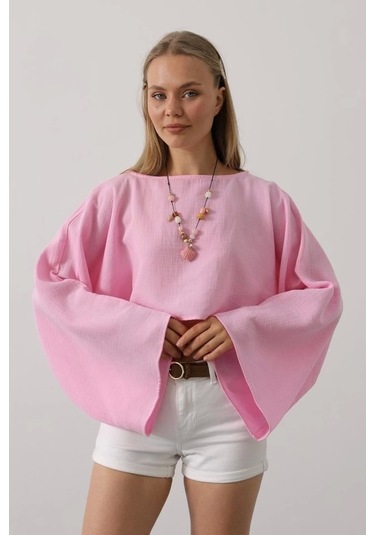 Yarasa Kollu Crop Bluz - Pembe Pembe