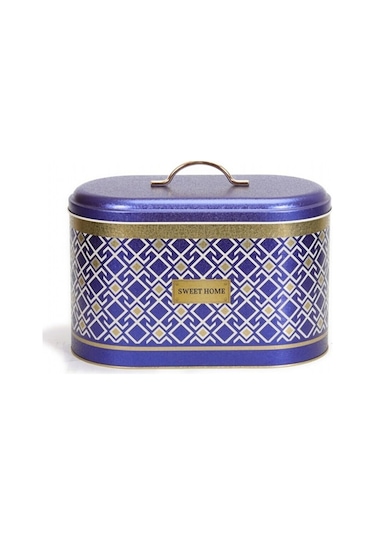 Turkish Blue Bread Box Desenli Oval Metal Ekmek Kutusu, 10.4 Lt Mavi